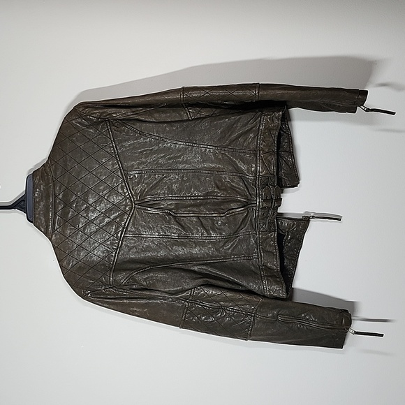 Blanc Noir Brown Genuine Leather Moto Style Jacket Buckles Zippers Detail Quiltd - Picture 13 of 15